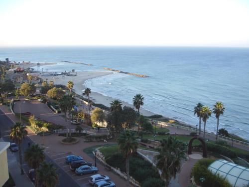 an aerial view of a beach with palm trees and the ocean at Mizpe Yam Boutique Hotel in Netanya