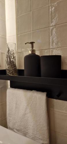 estante del baño con dispensador de jabón y toalla en Apartamento El Atajo, en Ronda