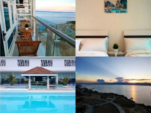 a collage of pictures of a hotel with a swimming pool at Relaxing Stay with Sea View at Arterra in Mactan