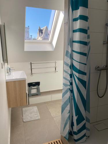 a bathroom with a shower and a sink and a window at Napoléon in Wimereux