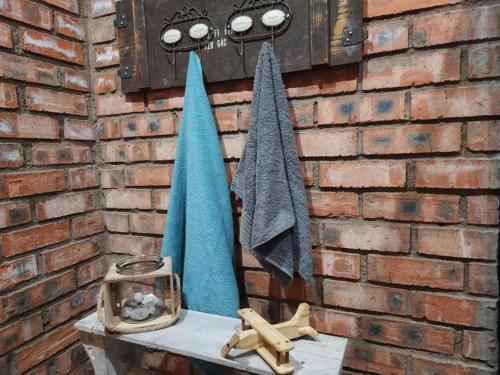 two blue towels are hanging on a brick wall at Krulkop in Kimberley