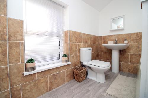 łazienka z toaletą, umywalką i oknem w obiekcie Wern farm cottage w mieście Pontypool
