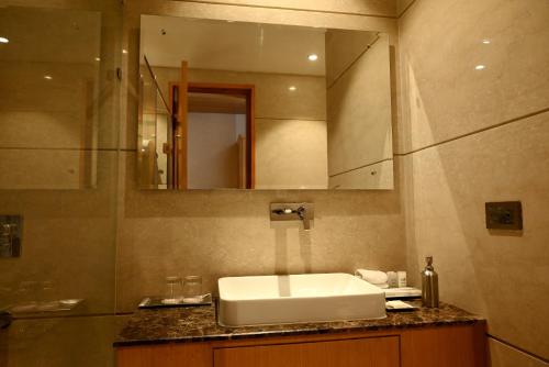 a bathroom with a sink and a mirror at Ramada Plaza by Wyndham Jammu Vijaypur in Jammu