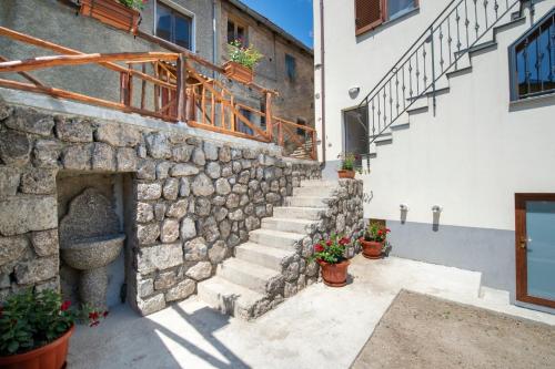 a stone wall and stairs in a building with potted plants at Grazie papà - The beginning of the path of the gods in Pianillo