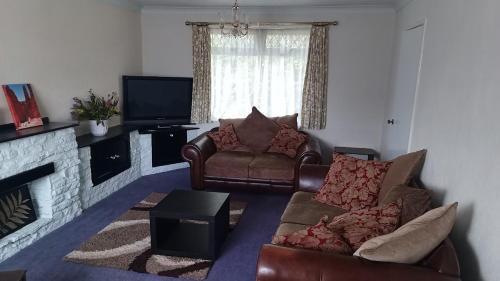 a living room with couches and a tv and a fireplace at 21 Orion drive in Bristol