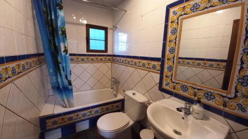 a bathroom with a sink and a toilet and a mirror at Casa El Olivo by CasaTuristica in Benalauría