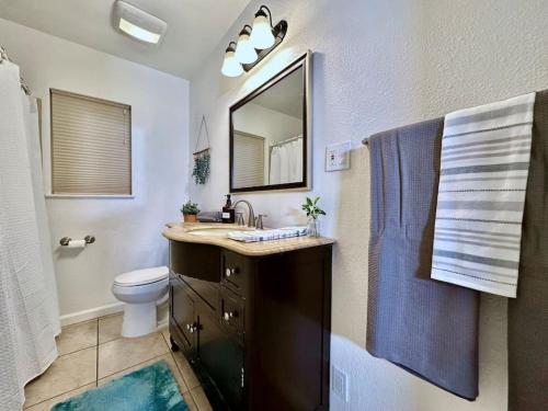a bathroom with a sink and a toilet and a mirror at King Bed-Huge Yard-Quiet Neighborhood-Garage in Sacramento