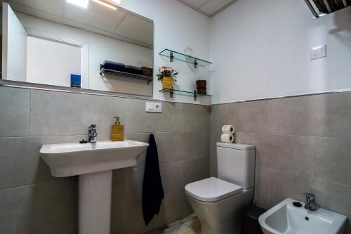 a bathroom with a sink and a toilet and a mirror at More Center Apartment in Seville