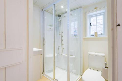 a white bathroom with a shower and a toilet at Portobello Court in Kent