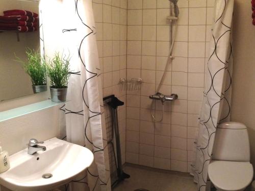 a bathroom with a shower with a sink and a toilet at Herning City Apartments in Herning