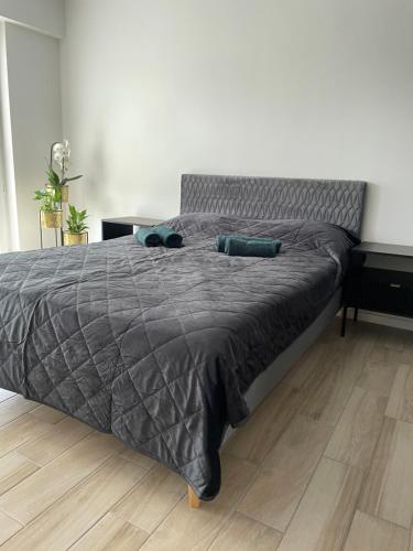 a bed with a gray comforter and two pillows on it at Brzostek Apartment in Warsaw