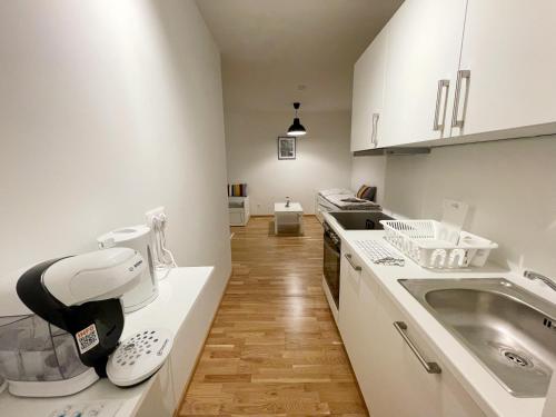 a white kitchen with a sink and a counter at MUZETA11 - Modern Town Apartment with Balcony in Vienna