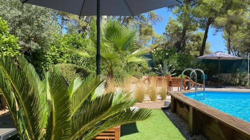 a swimming pool with an umbrella next to a swimming pool at Chambre d'hôtes - Petit ParadyZen - Lac du Salagou in Lacoste