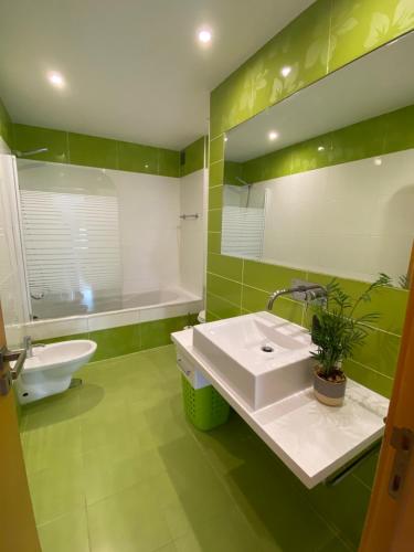 La salle de bains est pourvue d'un lavabo, de toilettes et d'un miroir. dans l'établissement Apartamento Rua do Sol by Localhosting, à Albufeira