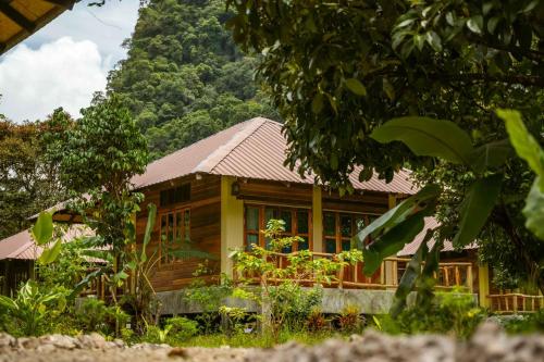 a wooden house in the middle of a forest at Monkey Mansion - Jungalows & Tours in Khao Sok