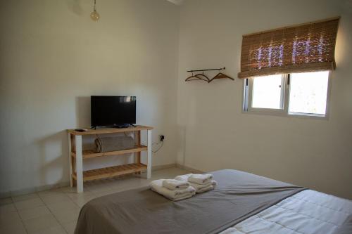 a bedroom with a bed and a tv and towels at Las Quimeras in Nono