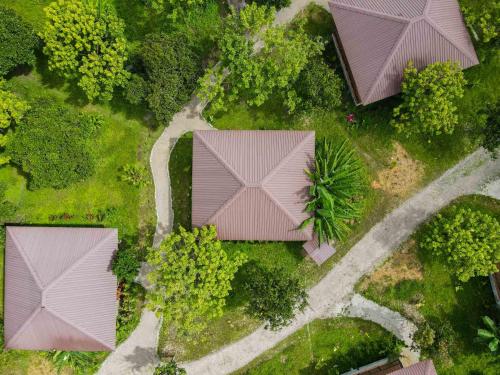 an overhead view of a park with trees and buildings at Monkey Mansion - Jungalows & Tours in Khao Sok