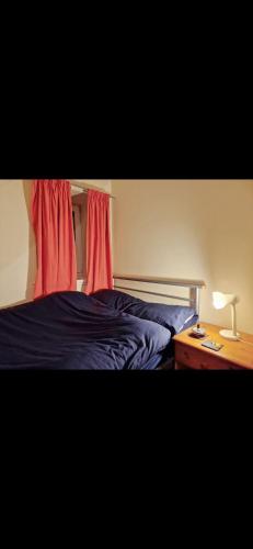 a bedroom with a bed and a window with red curtains at Ensuite Private room Furzehill road in Plymouth