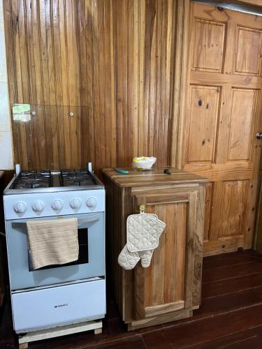 a kitchen with a stove and a wooden cabinet at A&K Island Apartments in Bocas Town