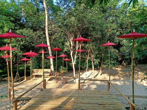 a bunch of red umbrellas on a wooden bridge at ฮักฮิมเกี๋ยน รีสอร์ท น่าน Hug Him Kien in Nan