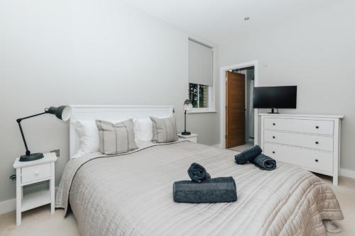 Lower Assendon的住宿－Blue Heron - 2 Bedroom Apt with 2 parking spaces，白色卧室设有一张大床和一个梳妆台