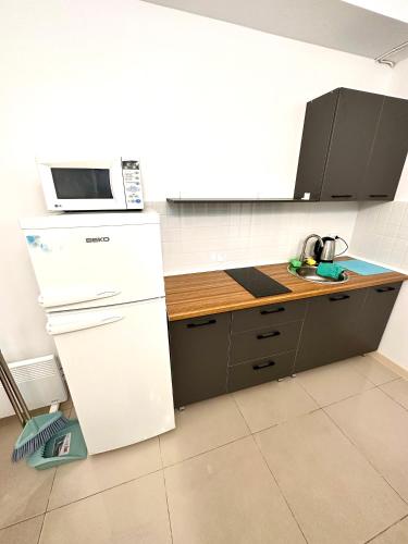 a kitchen with a white refrigerator and a microwave at Evita Apartment in Bishkek