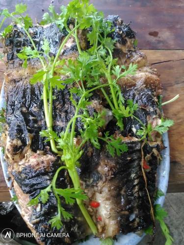 a piece of meat with plants on top of it at Nhà hàng Nhà nghỉ Dù Lượn Khau Phạ in Mù Cang Chải