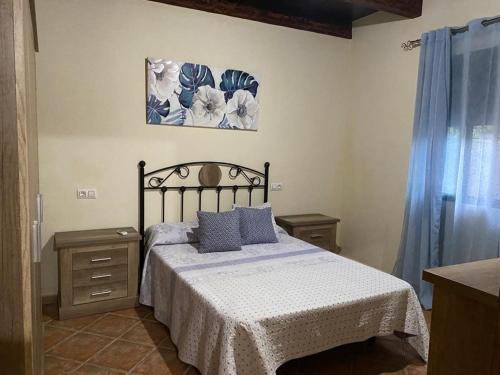 Un dormitorio con una cama con almohadas azules. en El Romeral, en Algodonales