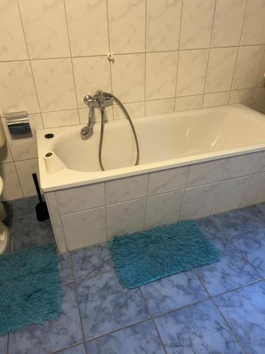 a bath tub in a bathroom with two blue rugs at Siegen Achenbach 4 in Siegen