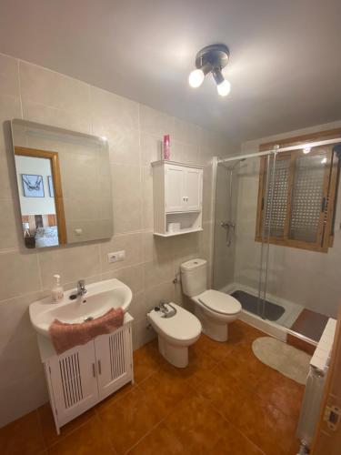 a bathroom with a sink and a toilet and a shower at Casa La Fontana Bronchales in Bronchales