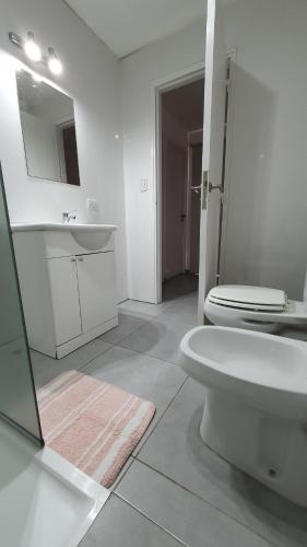 a bathroom with a sink and a toilet and a mirror at Apartamento Deluxe Senderos del Vino IV, Desayuno Opcional in Mendoza