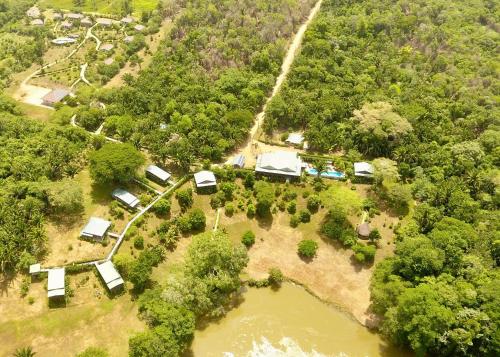 an aerial view of a farm with a river and trees at Dream Valley Belize in Teakettle Village