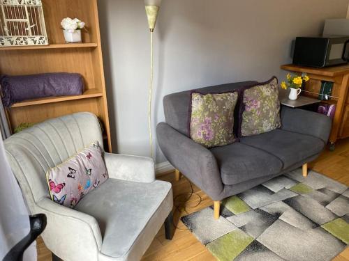 a living room with a couch and a chair at The Snug with Jacuzzi -cosy hideout in Coventry