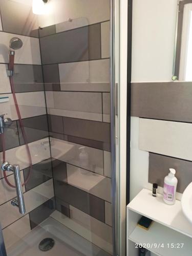 une douche avec une porte vitrée dans une salle de bain dans l'établissement Agréable studio dans le centre historique, à La Ferté-Saint-Aubin