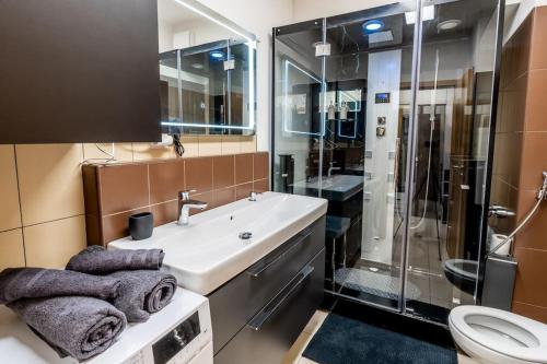 bagno con lavandino, doccia e servizi igienici di Apartmán Strieborná v centre mesta a Banská Bystrica