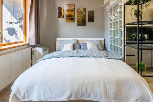 a bedroom with a white bed with blue pillows at Apartmán Strieborná v centre mesta in Banská Bystrica