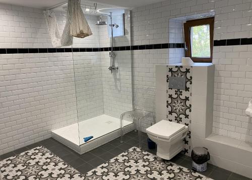 a white bathroom with a shower and a toilet at l'ECURIE pour 6 personnes in Lebétain