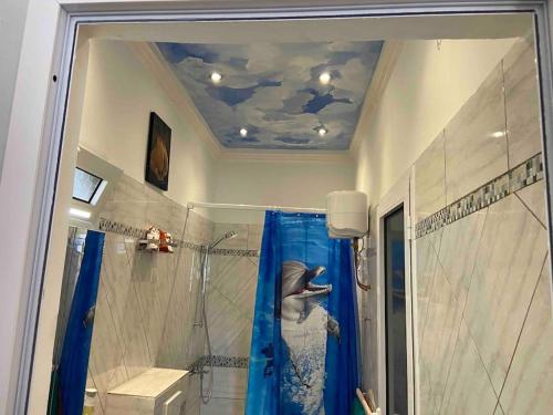 a bathroom with a shower with a dolphin on the ceiling at Appartement Altona in Lomé