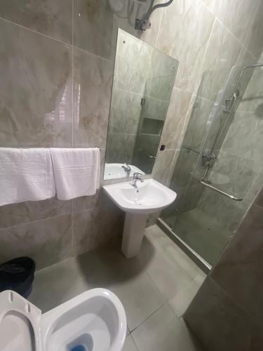 a bathroom with a toilet and a sink and a shower at Romel Terraces in Lagos