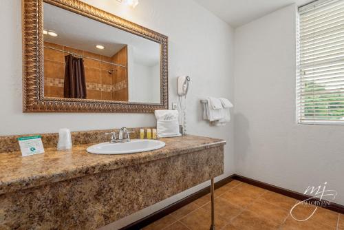 ein Bad mit einem Waschbecken und einem Spiegel in der Unterkunft Hotel Seville in Harrison