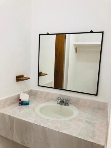 a bathroom sink with a large mirror above it at Hotel Los Leones in Palenque