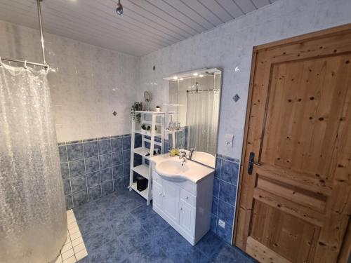y baño con lavabo, ducha y espejo. en Chalet le Petit Ramoneur, en Châtel