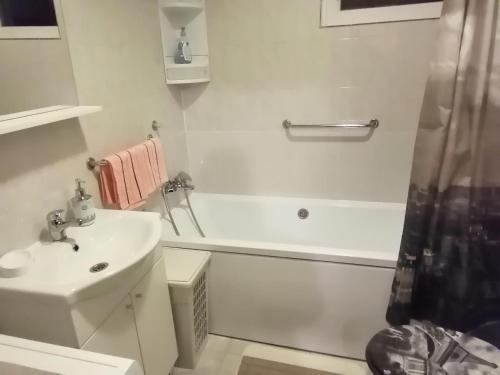 セリステ・ドゥレズニツコにあるApartment Špeharの洗面台とバスタブのある白いバスルーム