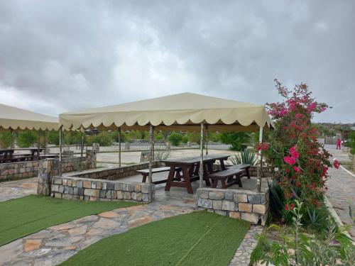 a picnic area with a picnic table and flowers at Jebel Shams Resort منتجع جبل شمس in Dār Sawdāʼ
