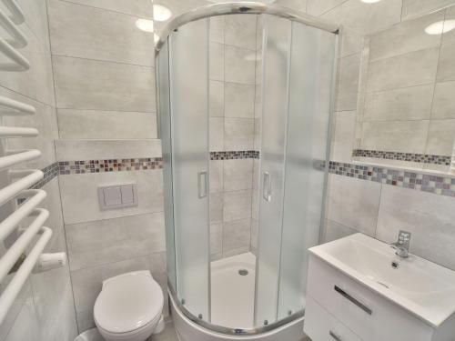 a bathroom with a shower and a toilet and a sink at Holiday resort, Sarbinowo in Sarbinowo