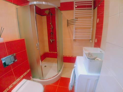 a red bathroom with a shower and a toilet at Apartament Wyspa, 2 pokoje, parking gratis in Międzywodzie