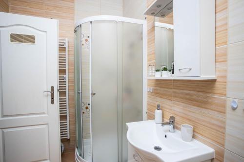 a white bathroom with a sink and a shower at Apartman Gundulić in Vinkovci