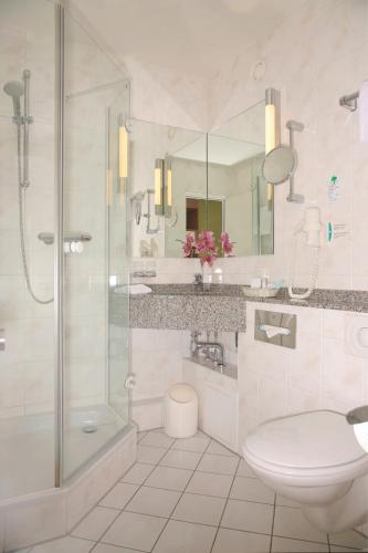a bathroom with a toilet and a shower and a sink at Congress Hotel am Stadtpark in Hannover