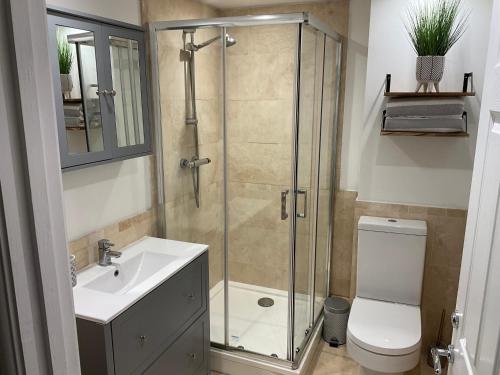 a bathroom with a shower and a toilet and a sink at 1 bed Home from Home Apartments in London