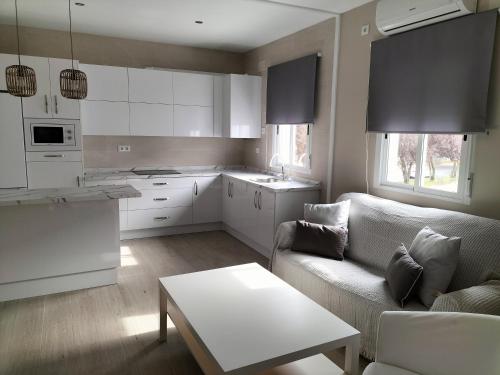 a kitchen and living room with a couch and a table at Apartamento zafra Cristina in Zafra
